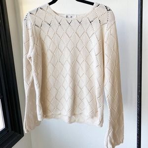 REBA ROSE Women's Vintage White Cotton Long Sleeve Open Knit Argyle Sweater sz L